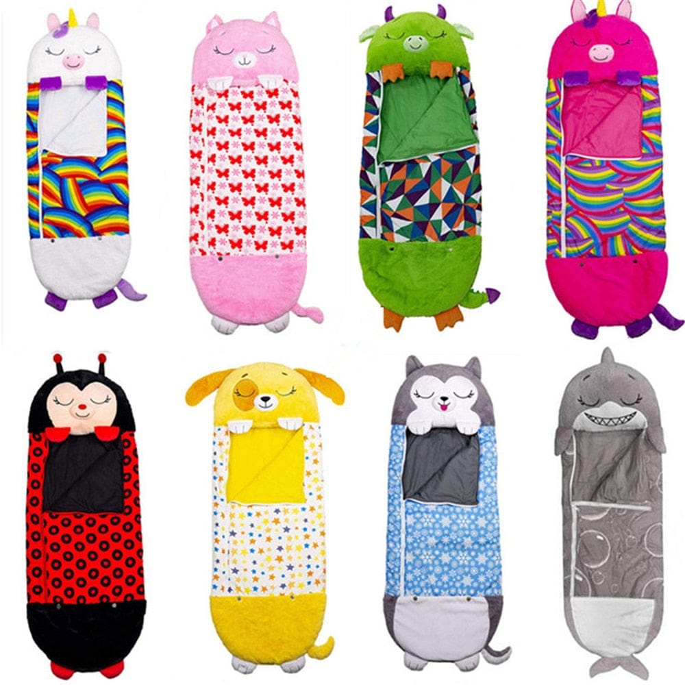"Comfortabele kinderslaapzak met vrolijke dierenprints, geschikt voor jongens en meisjes, zacht en ademend materiaal."
