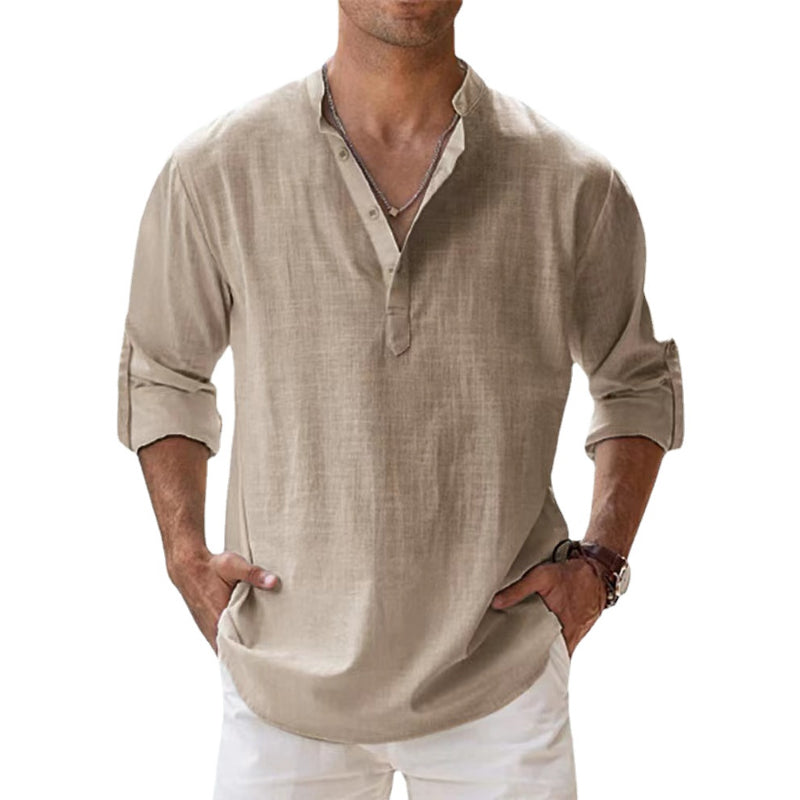 Lichtgewicht linnen Henley overhemd heren, ademend materiaal, lange mouwen, ideaal voor informele zomerlooks.