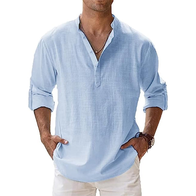 Lichtgewicht linnen Henley overhemd heren, ademend materiaal, lange mouwen, ideaal voor informele zomerlooks.