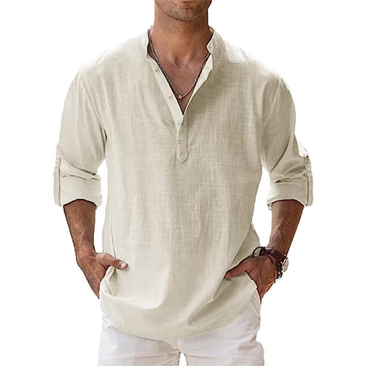 Lichtgewicht linnen Henley overhemd heren, ademend materiaal, lange mouwen, ideaal voor informele zomerlooks.