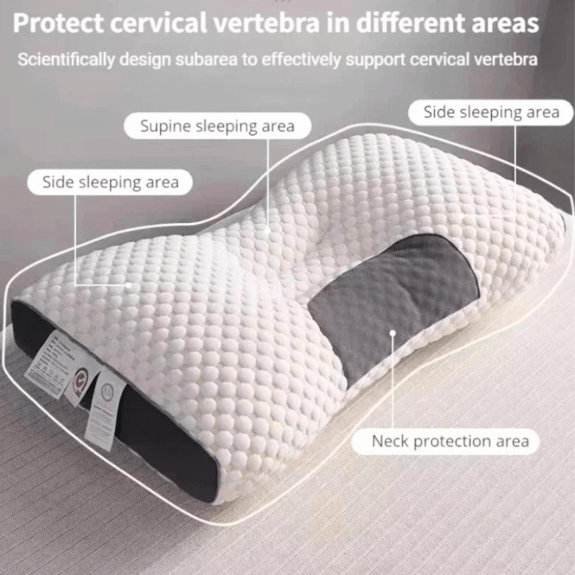 "Orthopedisch hoofdkussen, wit, ergonomisch ontwerp, verlicht nek- en rugpijn, geschikt voor diverse slaapposities."