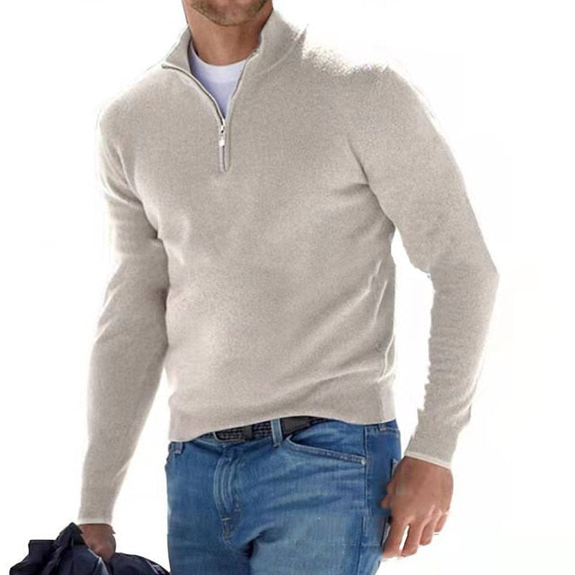 "Stijlvolle heren V-hals trui met rits, gemaakt van zachte faux merinowol, perfect voor casual of semi-formele look."