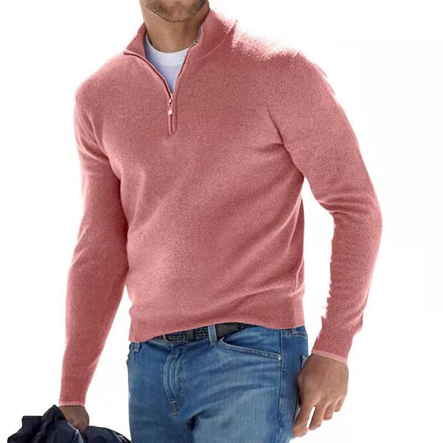 "Stijlvolle heren V-hals trui met rits, gemaakt van zachte faux merinowol, perfect voor casual of semi-formele look."