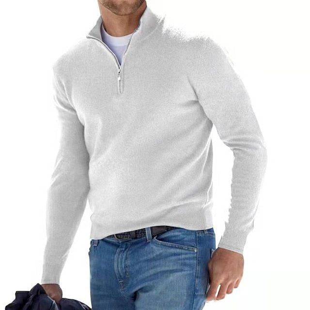 "Stijlvolle heren V-hals trui met rits, gemaakt van zachte faux merinowol, perfect voor casual of semi-formele look."