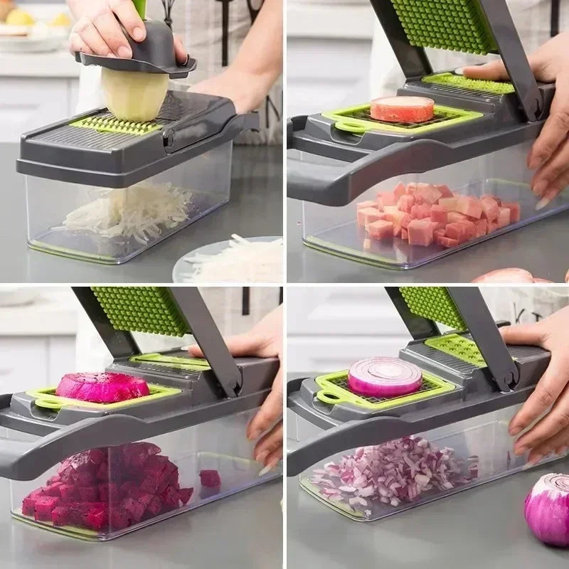 "14-in-1 multifunctionele groentesnijder met meerdere messen, ergonomisch design, ideaal voor snijden en raspen van groenten.