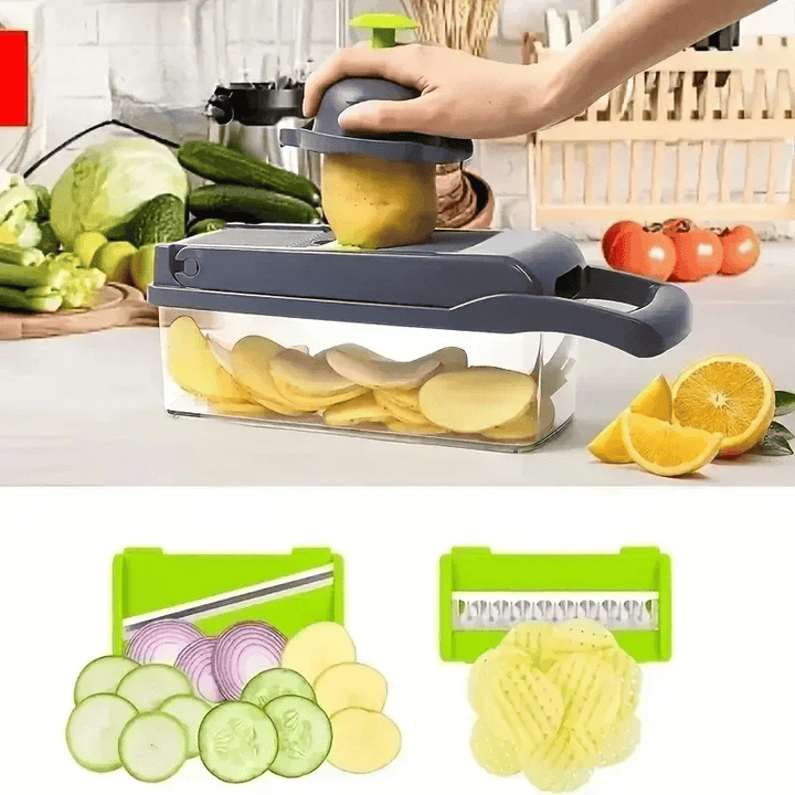 "14-in-1 multifunctionele groentesnijder met meerdere messen, ergonomisch design, ideaal voor snijden en raspen van groenten.