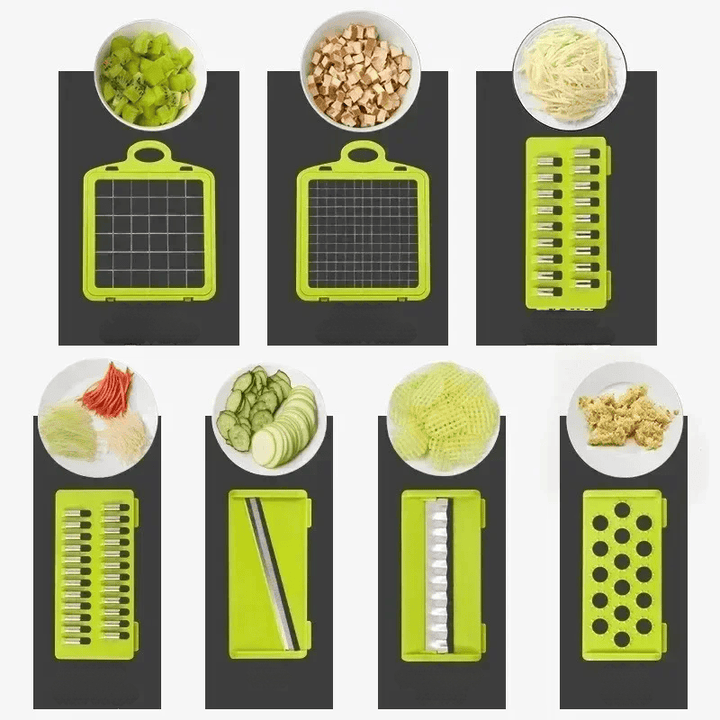 "14-in-1 multifunctionele groentesnijder met meerdere messen, ergonomisch design, ideaal voor snijden en raspen van groenten.