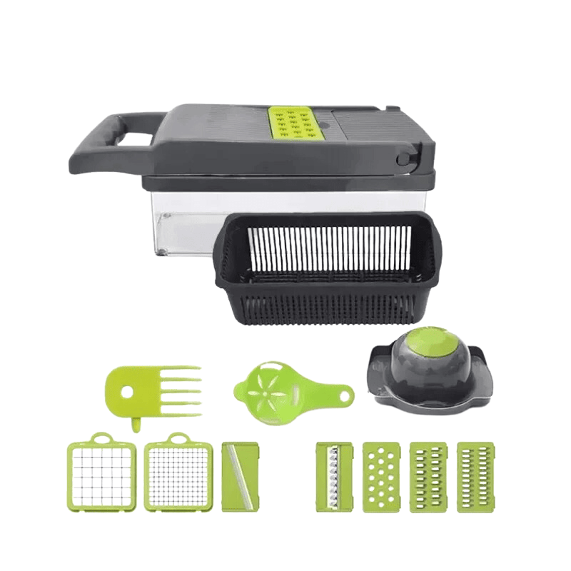 "14-in-1 multifunctionele groentesnijder met meerdere messen, ergonomisch design, ideaal voor snijden en raspen van groenten.