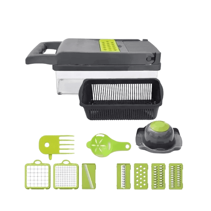 "14-in-1 multifunctionele groentesnijder met meerdere messen, ergonomisch design, ideaal voor snijden en raspen van groenten.