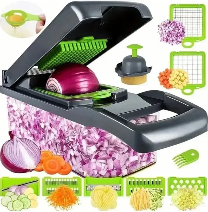 "14-in-1 multifunctionele groentesnijder met meerdere messen, ergonomisch design, ideaal voor snijden en raspen van groenten.