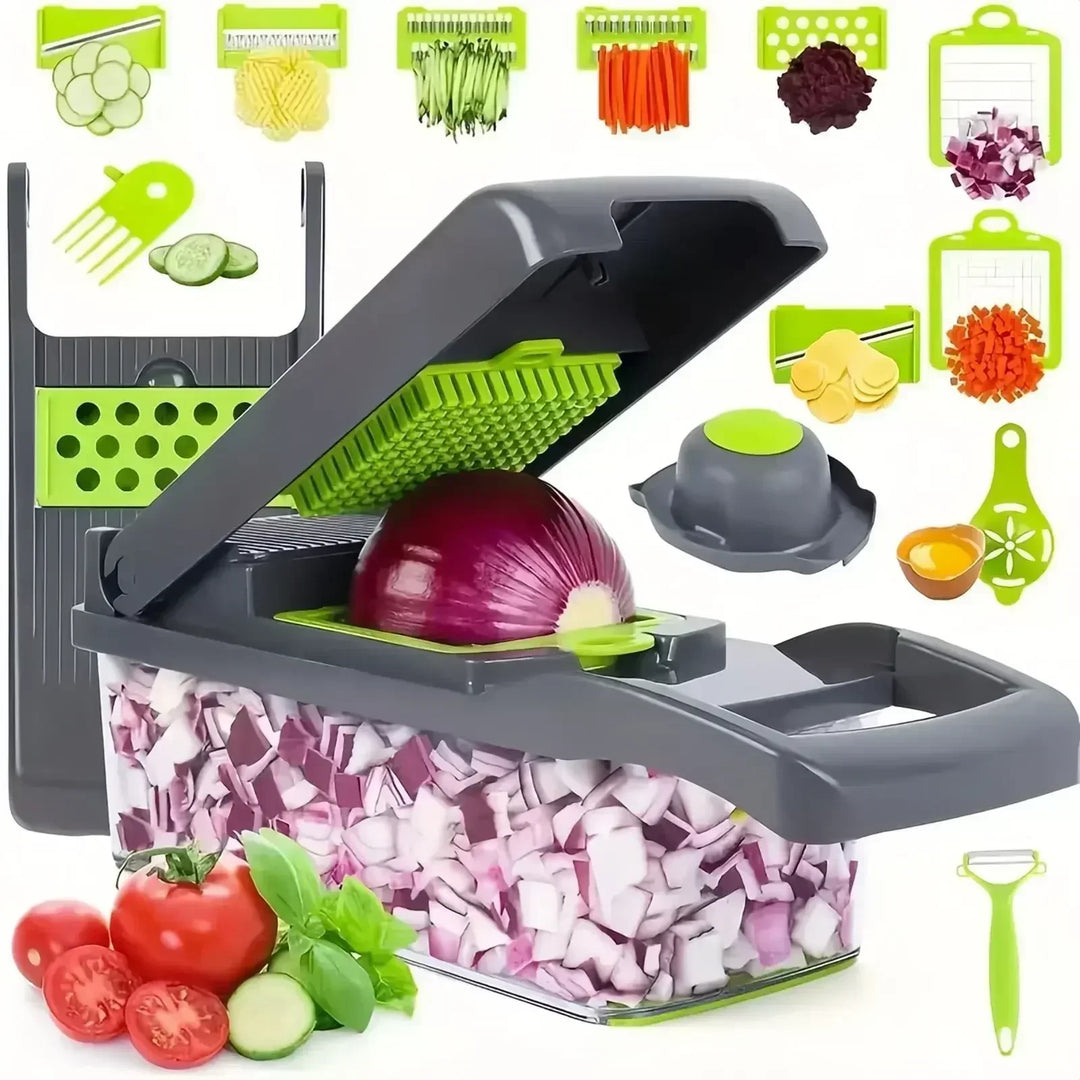"14-in-1 multifunctionele groentesnijder met meerdere messen, ergonomisch design, ideaal voor snijden en raspen van groenten.