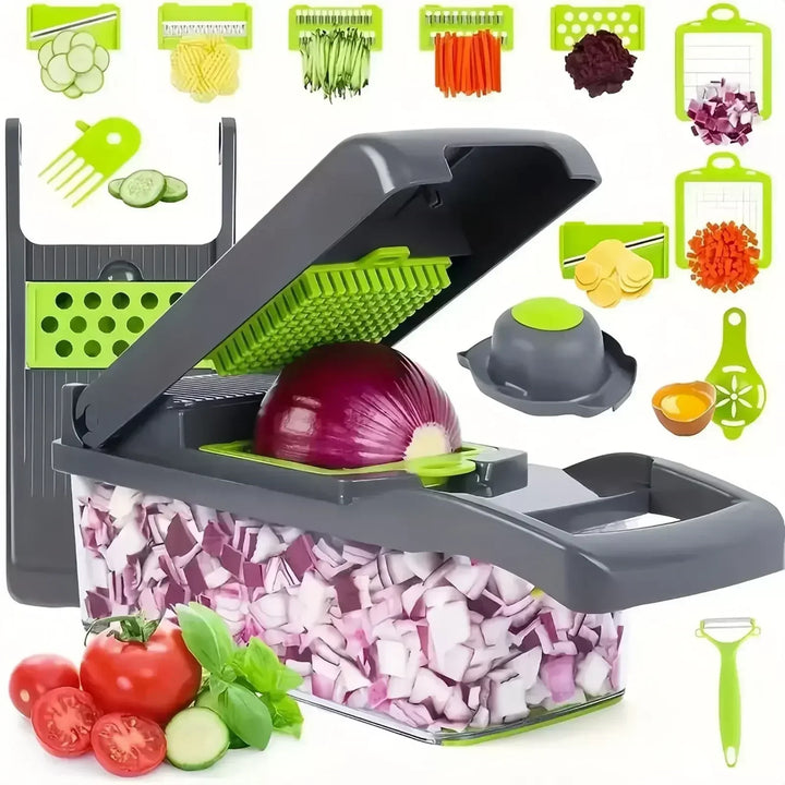 "14-in-1 multifunctionele groentesnijder met meerdere messen, ergonomisch design, ideaal voor snijden en raspen van groenten.