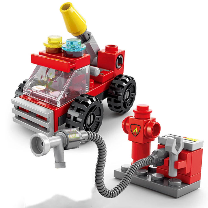 142-delige brandweer bouwset voor kinderen, rood model in plastic, educatief speelgoed met brandweerwagen onderdelen.