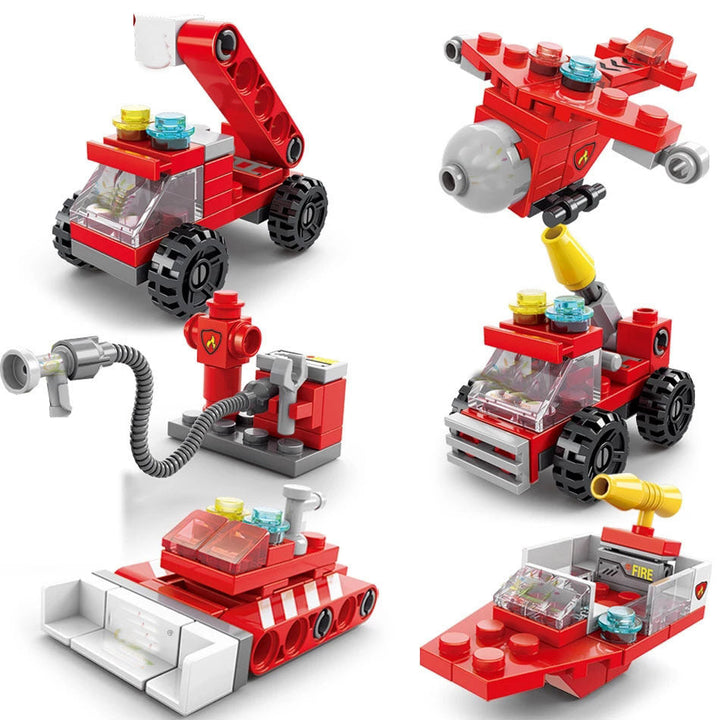 142-delige brandweer bouwset voor kinderen, rood model in plastic, educatief speelgoed met brandweerwagen onderdelen.