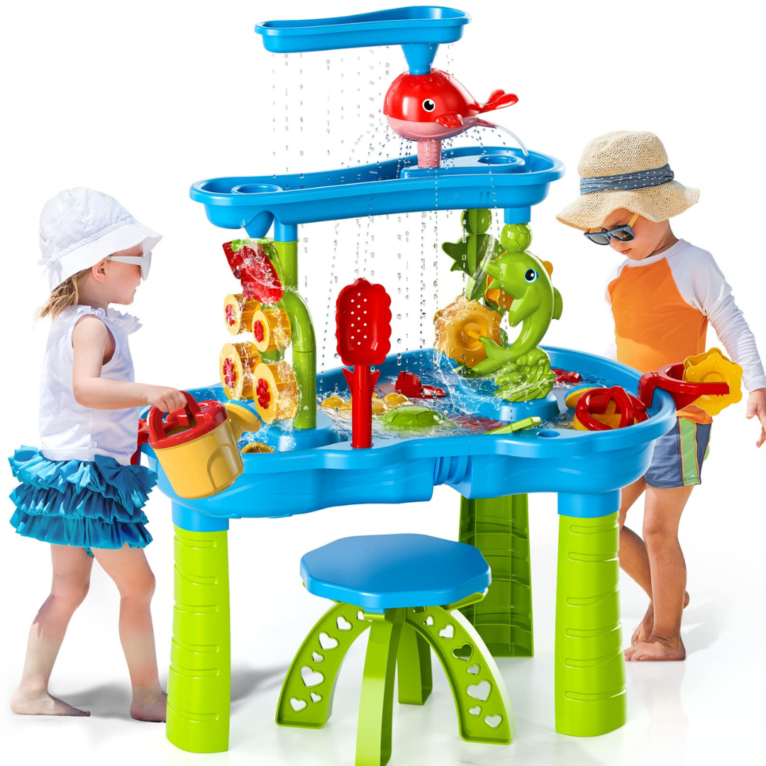 "3-laagse SplashTower zand- en watertafel met kleurrijke vakken voor creatief spelplezier, perfect voor zonnige dagen."