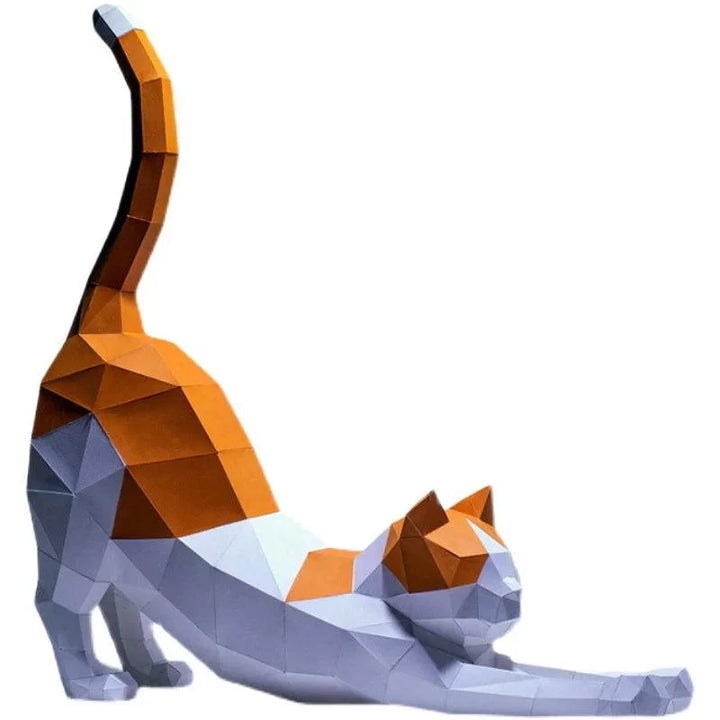 "3D papercraft kat model, DIY decorstuk, 62cm hoog, modern en uitgerekt design voor stijlvol huisdecor."