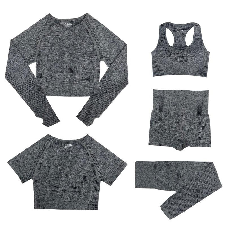 "5-delige dames sportset, met trendy top en hoge taille legging, perfect voor stijl en comfort tijdens elke activiteit."