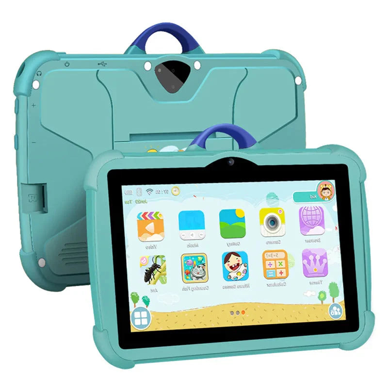 "7 inch blauwe kindertablet met 5G WiFi, 64GB opslag, stevig ontwerp, geschikt voor educatie en entertainment, zijaanzicht."