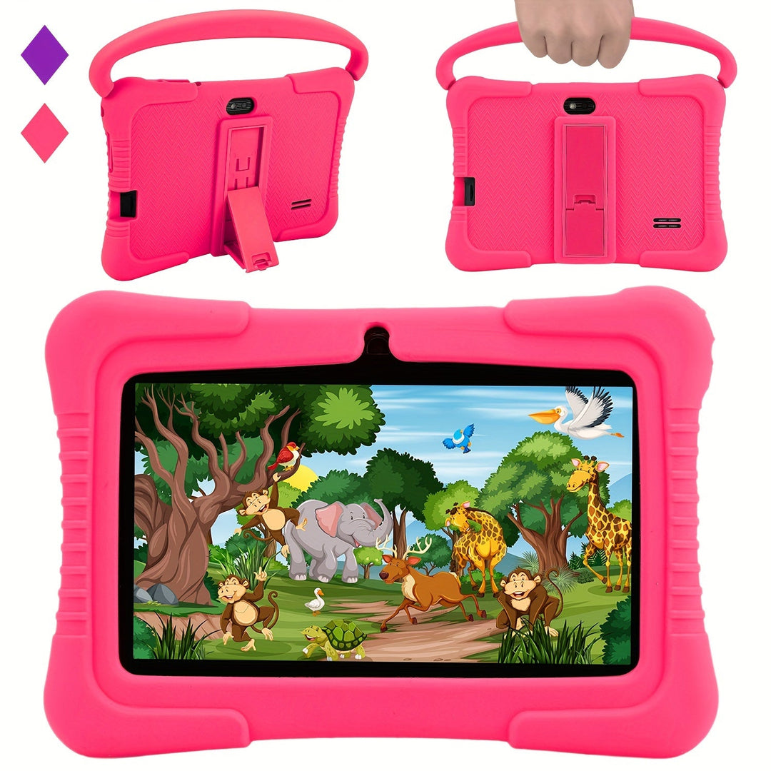 "7 inch kindertablet met oogbescherming, kleurrijk scherm en oudercontrole, ideaal voor kinderen, in siliconen hoes."