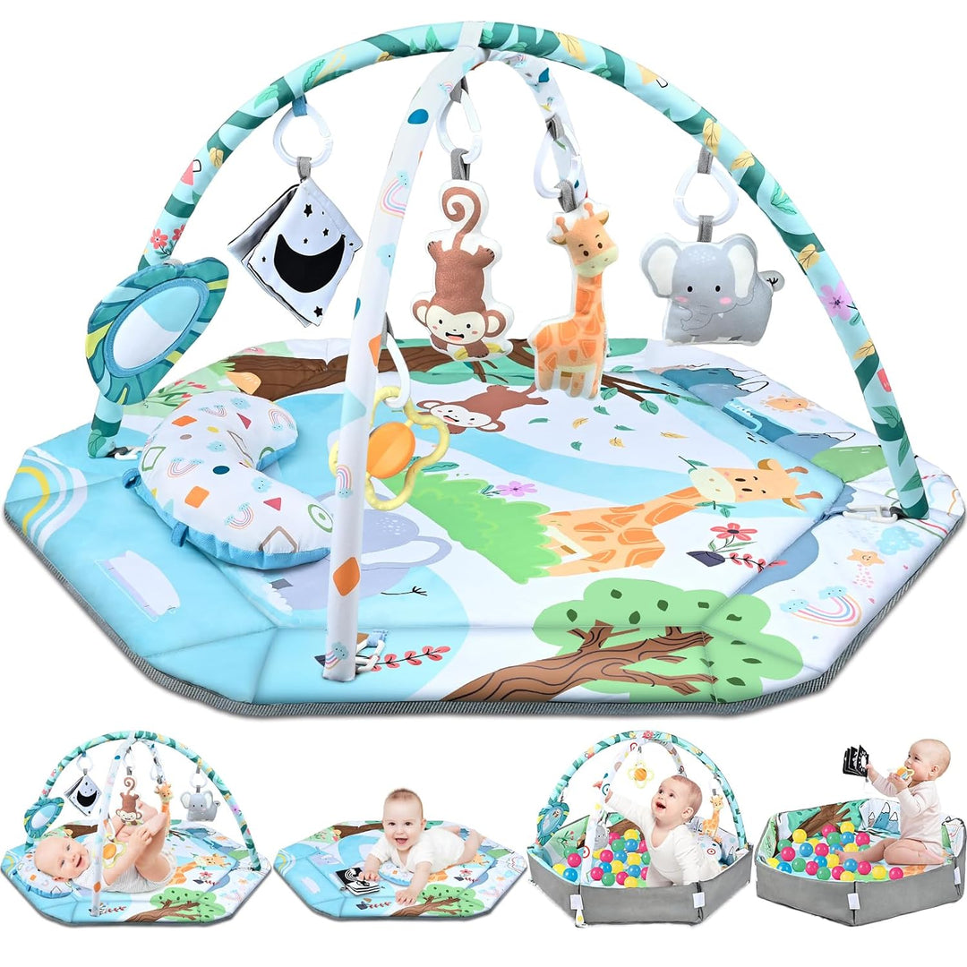 8-in-1 baby gym speelkleed, wasbaar, met kleurrijke speeltjes en ballenbak. Stimuleert zintuigen en eenvoudig te reinigen.