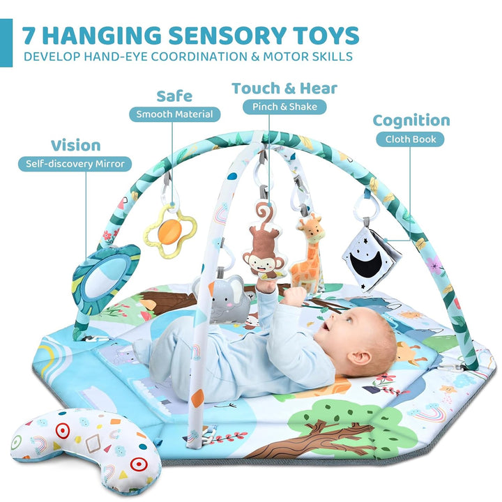 8-in-1 baby gym speelkleed, wasbaar, met kleurrijke speeltjes en ballenbak. Stimuleert zintuigen en eenvoudig te reinigen.