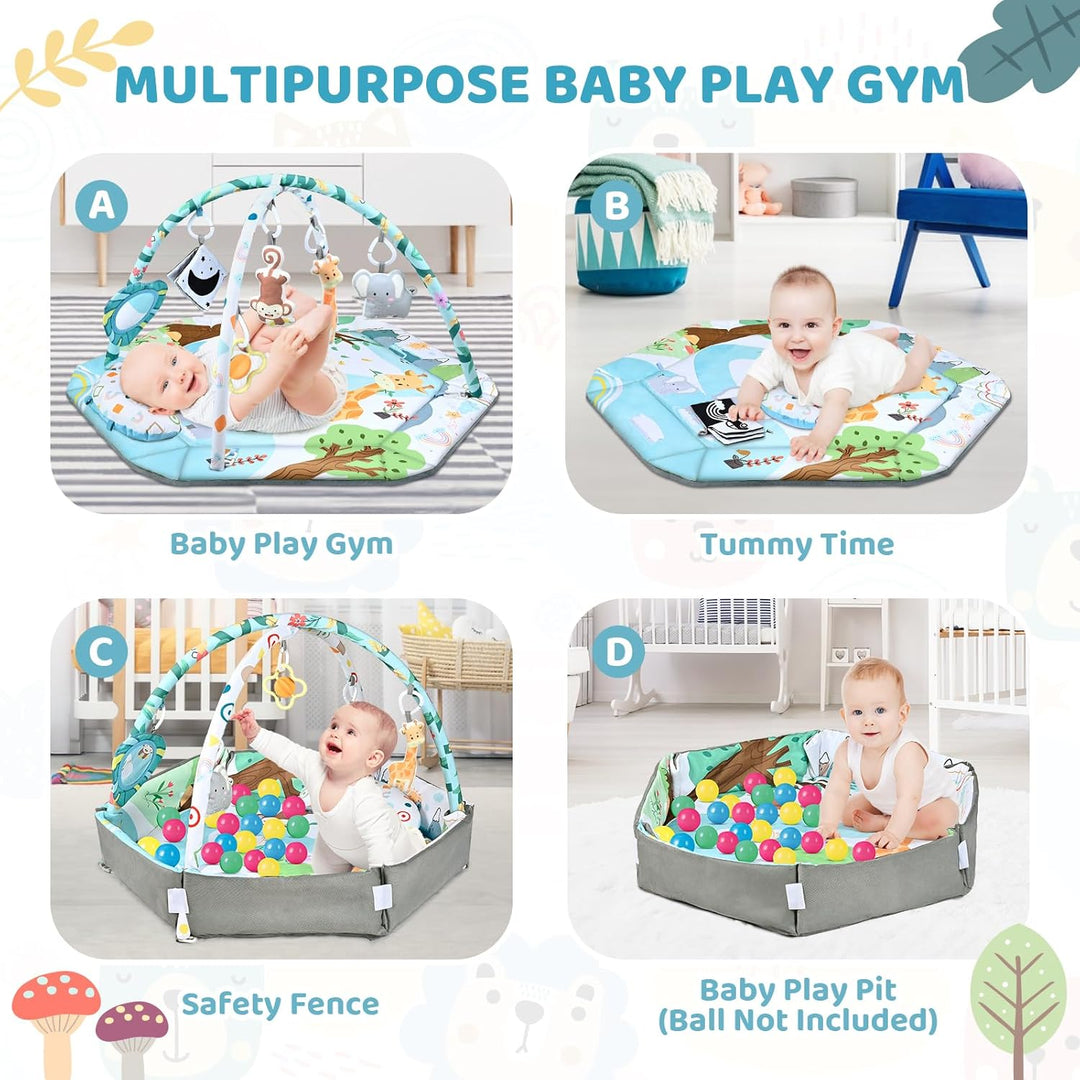 8-in-1 baby gym speelkleed, wasbaar, met kleurrijke speeltjes en ballenbak. Stimuleert zintuigen en eenvoudig te reinigen.