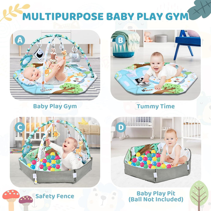 8-in-1 baby gym speelkleed, wasbaar, met kleurrijke speeltjes en ballenbak. Stimuleert zintuigen en eenvoudig te reinigen.