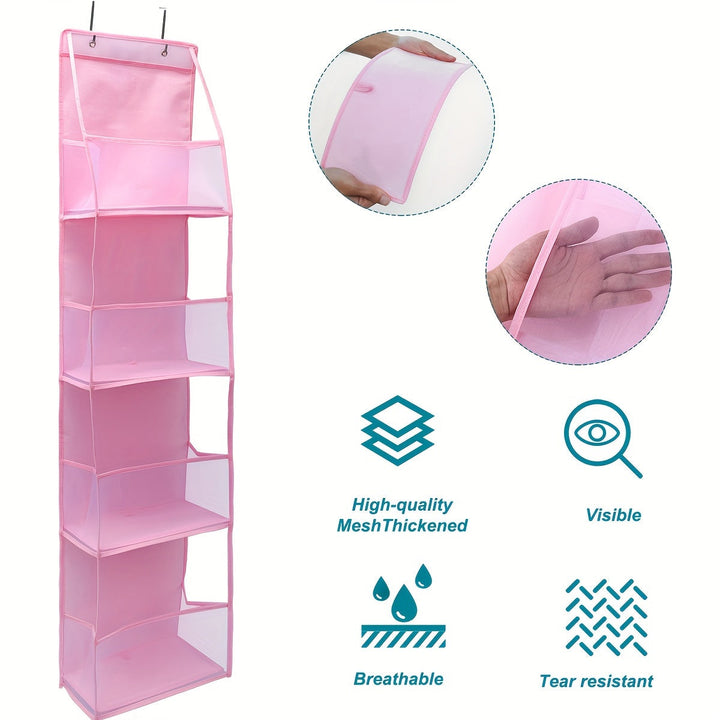 "Ademende over-de-deur organizer met 4 vakken, grijs polyester mesh voor kledingopslag, zicht op volledige organizer"