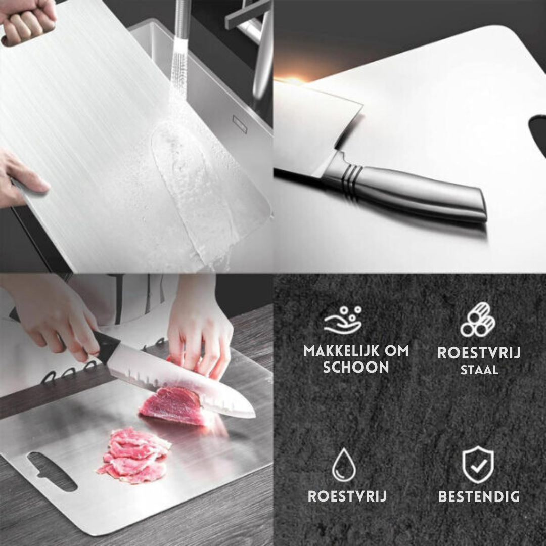 "Antibacteriële RVS snijplank met ergonomisch handvat, roestvrij en hygiënisch, ideaal voor elke moderne keuken."