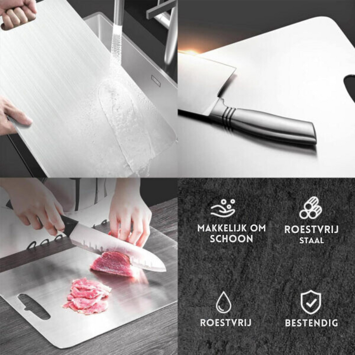 "Antibacteriële RVS snijplank met ergonomisch handvat, roestvrij en hygiënisch, ideaal voor elke moderne keuken."