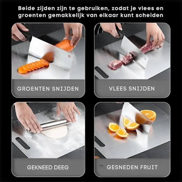 "Antibacteriële RVS snijplank met ergonomisch handvat, roestvrij en hygiënisch, ideaal voor elke moderne keuken."