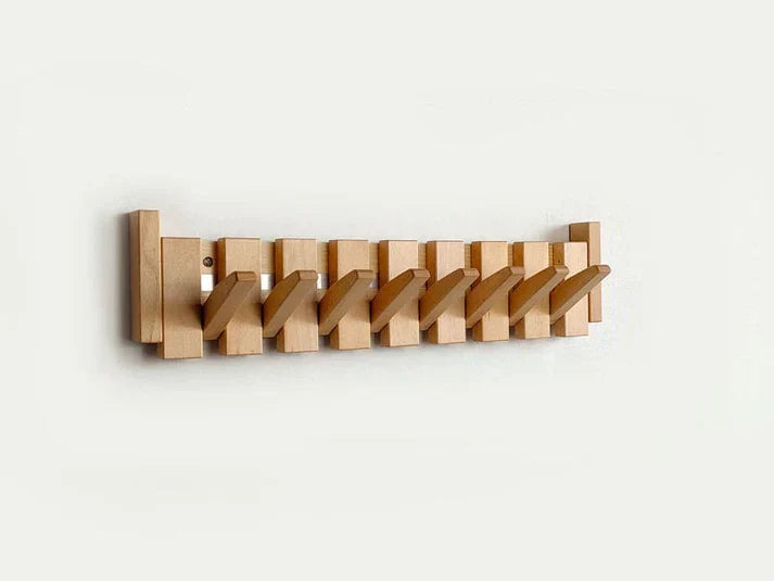 "Artistieke houten kapstok met piano design, elegante uitstraling, 4-8 haken, gemaakt van beuken- en walnotenhout."