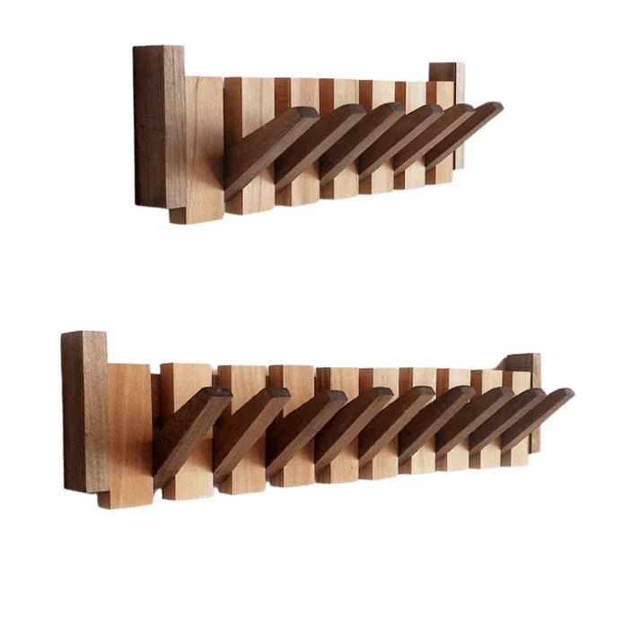 "Artistieke houten kapstok met piano design, elegante uitstraling, 4-8 haken, gemaakt van beuken- en walnotenhout."