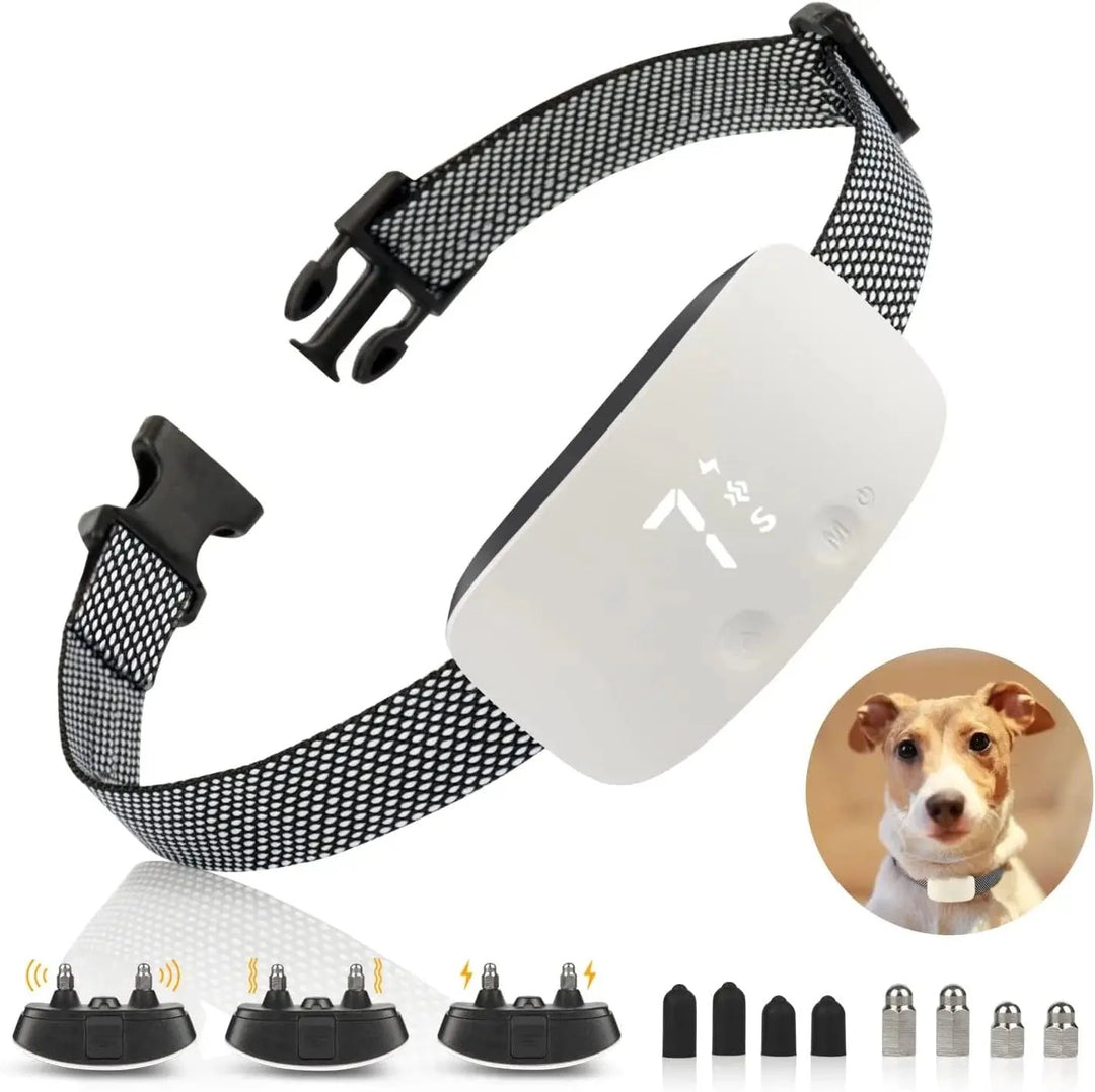 "Automatische anti-blaffende hondenhalsband, verstelbaar, waterdicht IP67, oplaadbaar, zwart-witte nylon band."