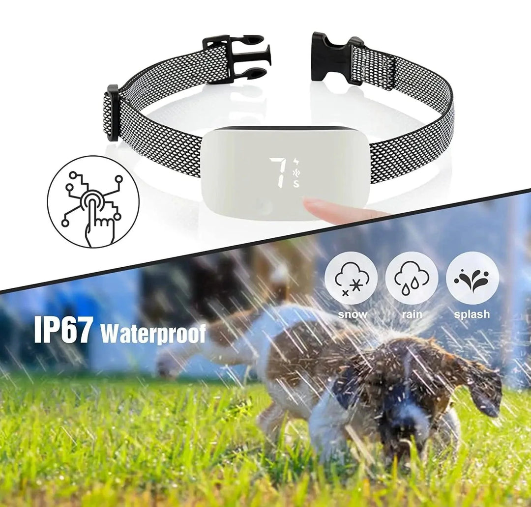 "Automatische anti-blaffende hondenhalsband, verstelbaar, waterdicht IP67, oplaadbaar, zwart-witte nylon band."