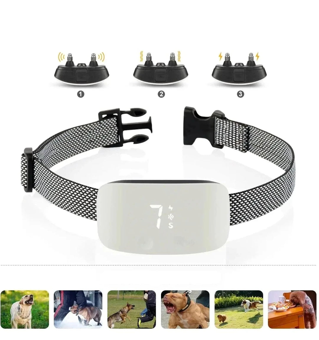 "Automatische anti-blaffende hondenhalsband, verstelbaar, waterdicht IP67, oplaadbaar, zwart-witte nylon band."