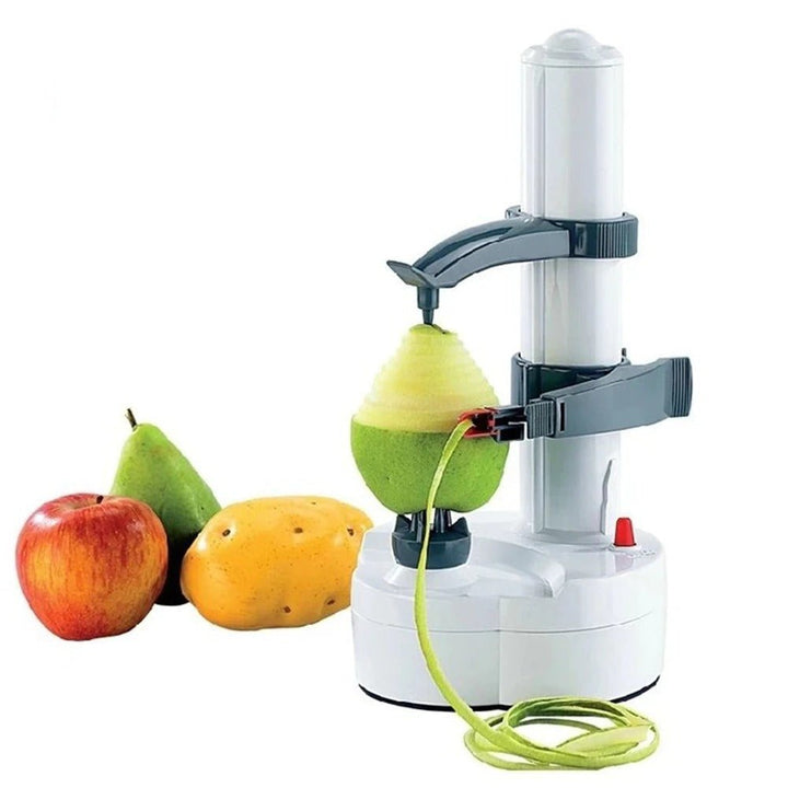 "Automatische schiller in gebruik, schilt efficiënt appels en aardappels in keuken. Tijdbesparend en veilig gebruik."