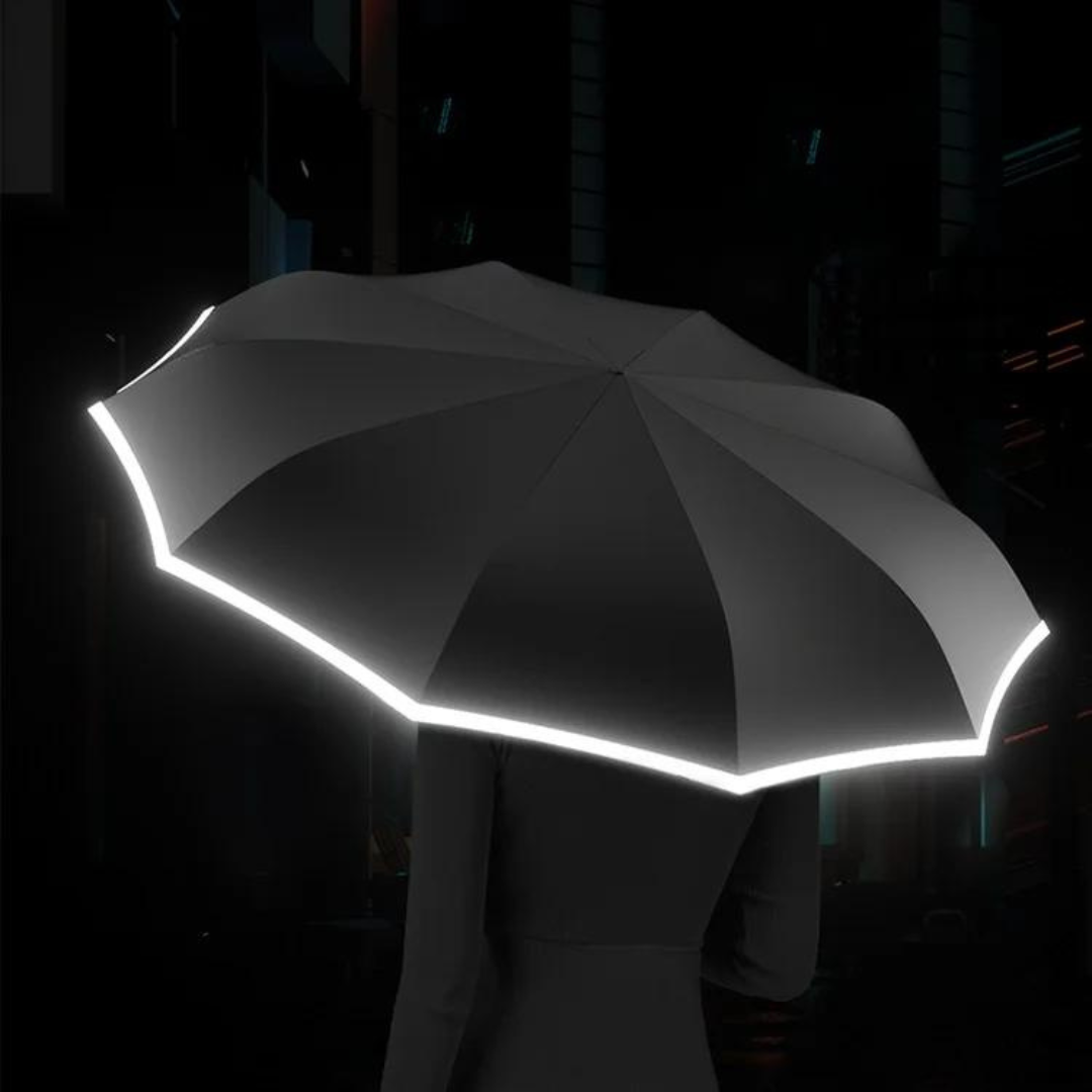 "Automatische, windbestendige paraplu met reflecterende rand voor ultieme stormbescherming in groen, blauw, zwart, wit."