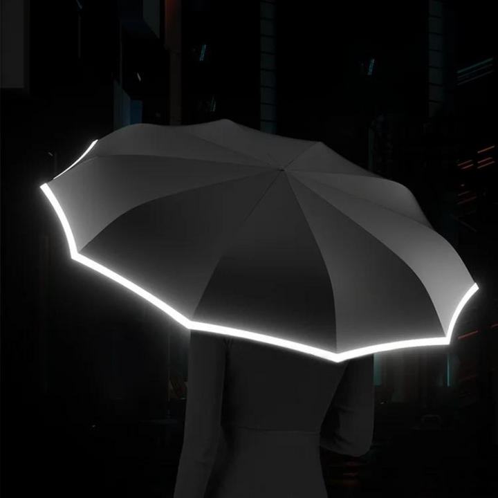 "Automatische, windbestendige paraplu met reflecterende rand voor ultieme stormbescherming in groen, blauw, zwart, wit."