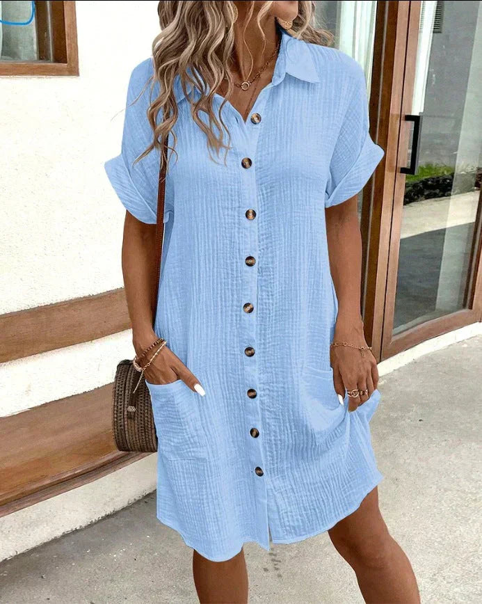 Beschrijf casual katoenen overhemdjurk voor dames, luchtig en stijlvol met knoopsluiting. Perfect voor zomercomfort.