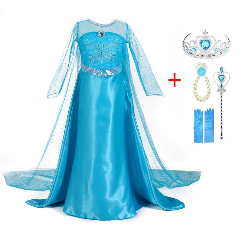 "Betoverende blauwe prinsessenjurk met sprankelende details, inclusief tiara, handschoenen en toverstaf voor speelplezier."