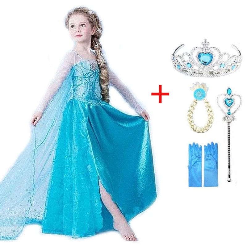 "Betoverende blauwe prinsessenjurk met sprankelende details, inclusief tiara, handschoenen en toverstaf voor speelplezier."