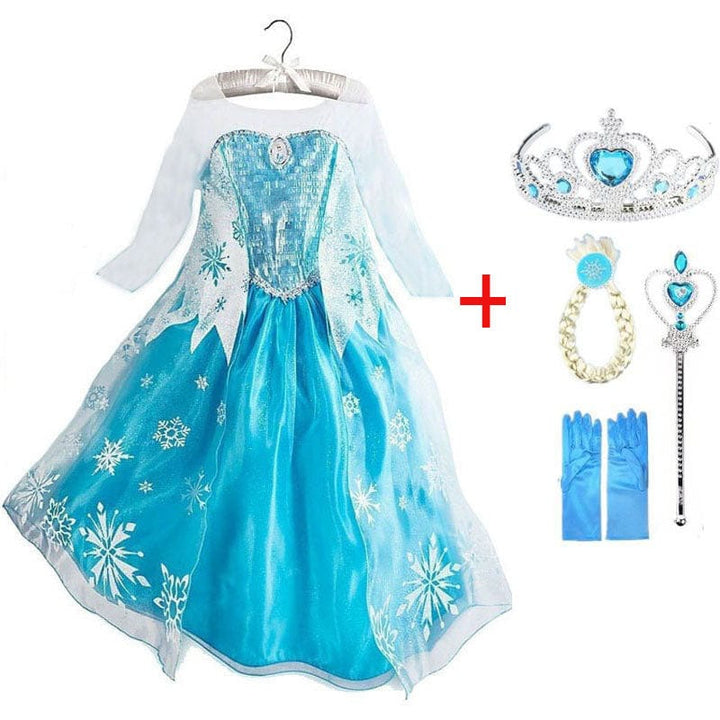 "Betoverende blauwe prinsessenjurk met sprankelende details, inclusief tiara, handschoenen en toverstaf voor speelplezier."