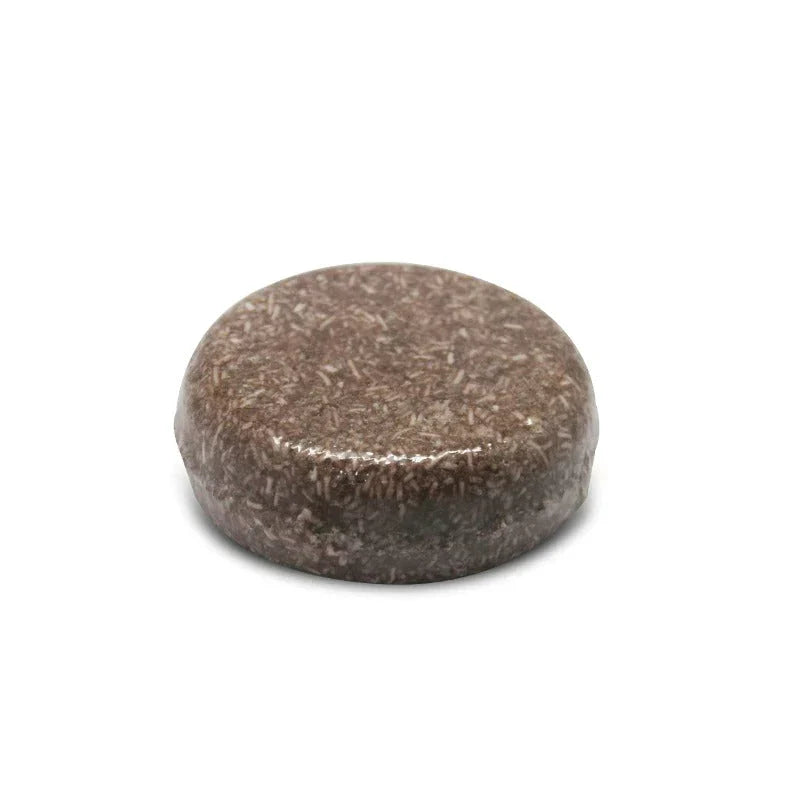 "Biologische haarverduistering shampoo; compacte bar, donkerder en voller haar, groene verpakking, natuurlijke haarverzorging