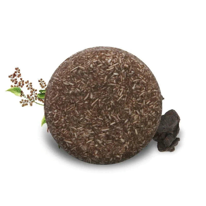 "Biologische haarverduistering shampoo; compacte bar, donkerder en voller haar, groene verpakking, natuurlijke haarverzorging