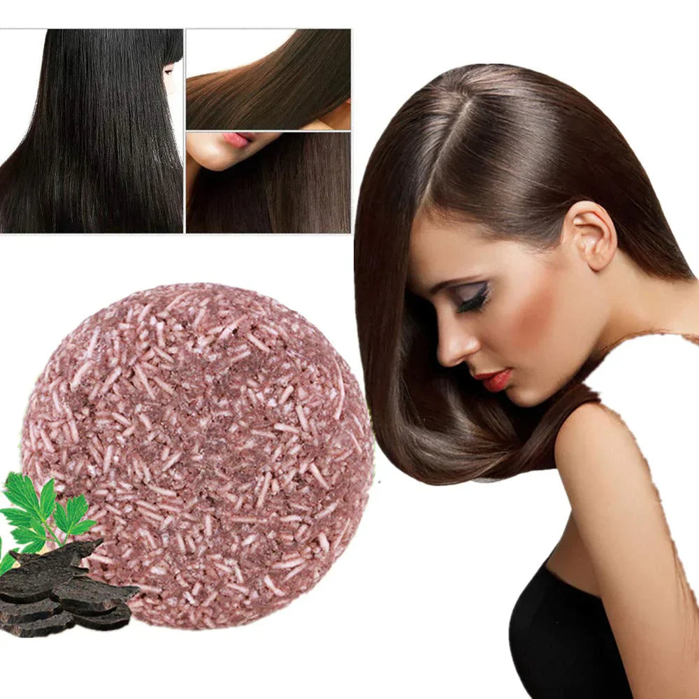 "Biologische haarverduistering shampoo; compacte bar, donkerder en voller haar, groene verpakking, natuurlijke haarverzorging