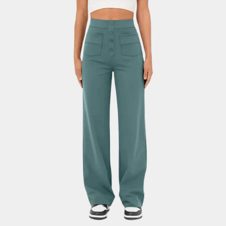 Blauwe damesbroek met hoge taille, elegante en trendy snit, ideaal voor comfort en stijl in zomeroutfits.