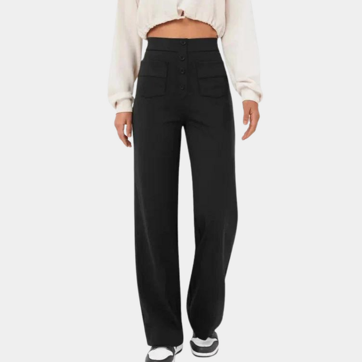 Blauwe damesbroek met hoge taille, elegante en trendy snit, ideaal voor comfort en stijl in zomeroutfits.