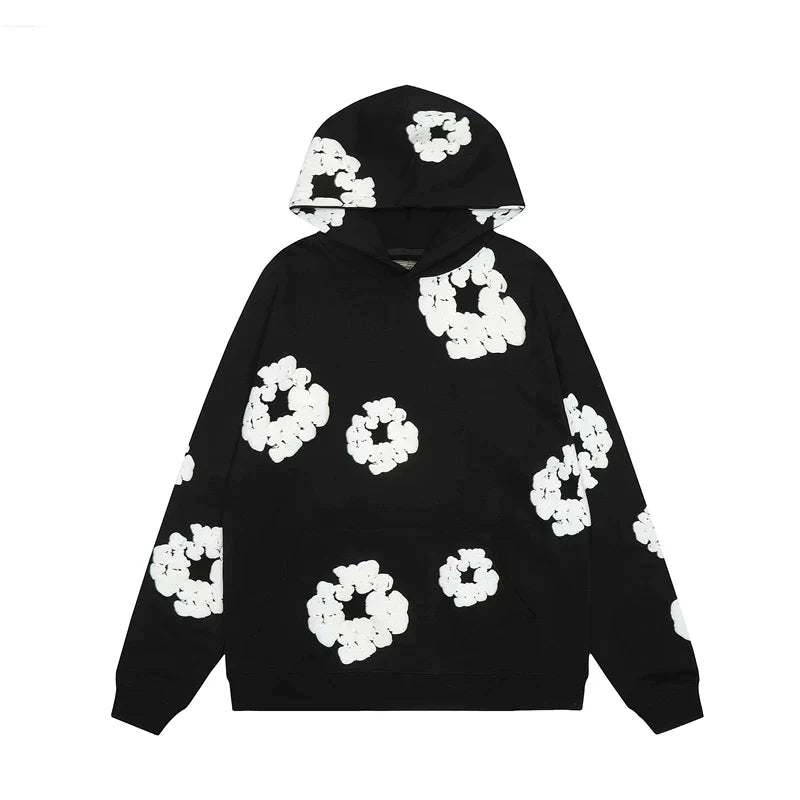 "Blauwe denim hoodie met bloemenprint en capuchon, trendy en comfortabel voor heren in de winter."