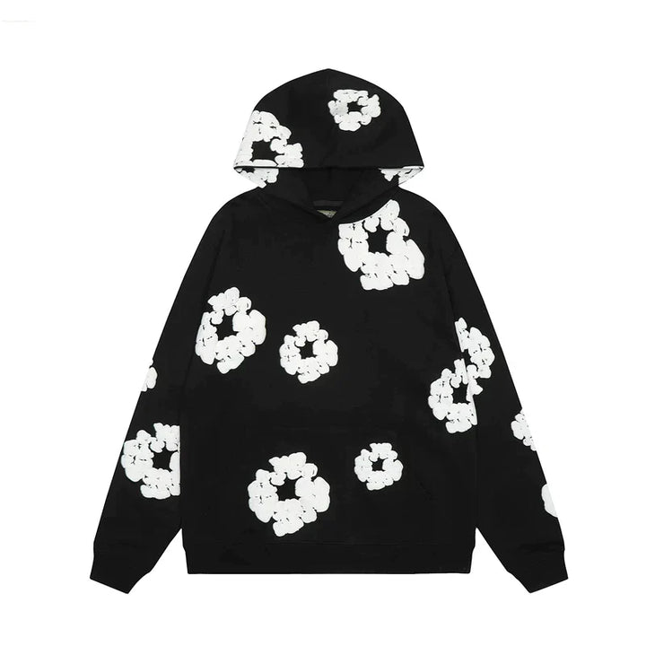 "Blauwe denim hoodie met bloemenprint en capuchon, trendy en comfortabel voor heren in de winter."